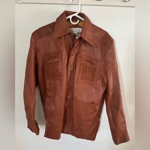 Vintage 70s Double Zero Brown Vinyl Faux Leather Jacket Disco Retro Button Men L